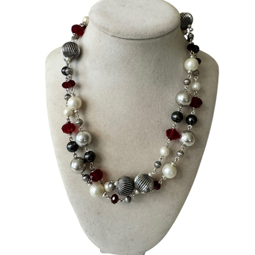 Premier Designs Women's Silver Tone and‎ Red Beaded Necklace Boho Statement Y2K